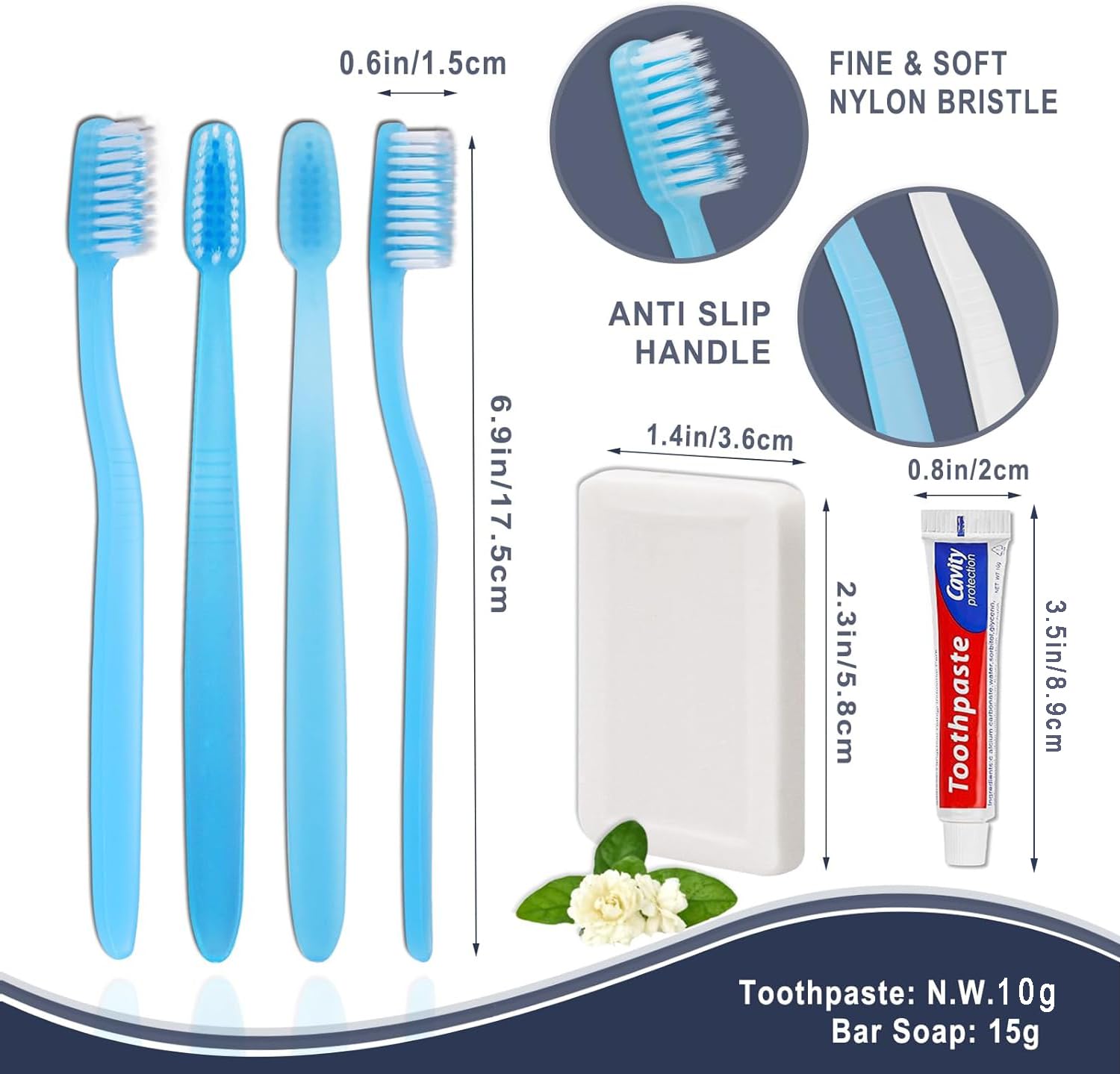 50 confezioni di spazzolini da denti usa e getta con sapone dentifricio confezionati singolarmente, 2 colori, barretta di sapone da 0,5 oz Dimensione viaggio hotel