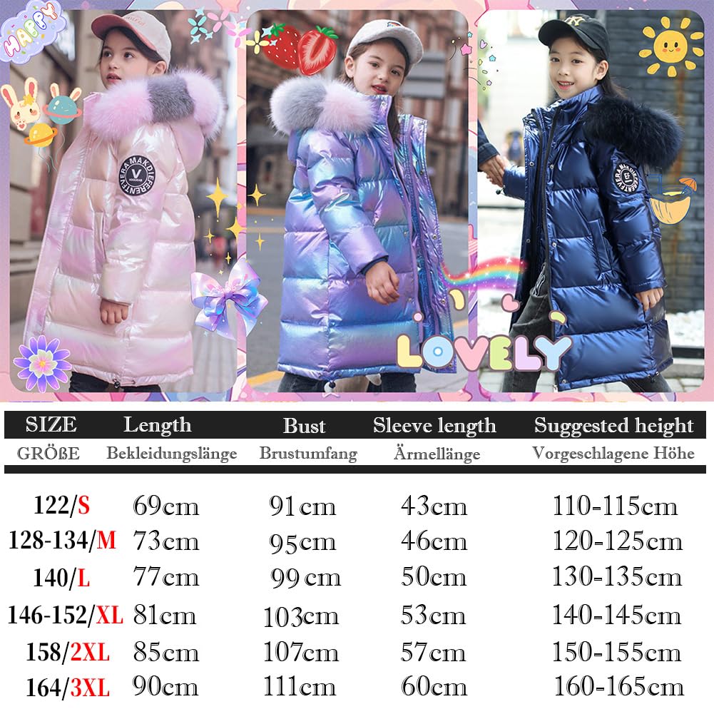 Linboo - Abrigo largo para niña, chaqueta de plumón cálido, para niño, invierno, con capucha, piel acolchada, parka luminosa