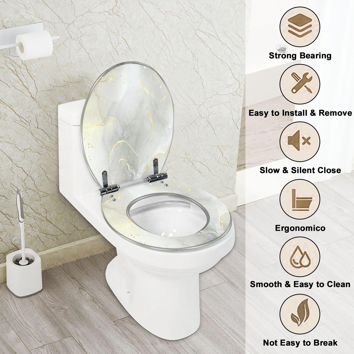 Round Toilet Seat Abstract marble dusty grey liquid watercolor gold lines gray Resin Toilet Seat with Quietly Close Quick Release Hinges Decorative Toilet Seat with Cover Easy to Clean and Install
