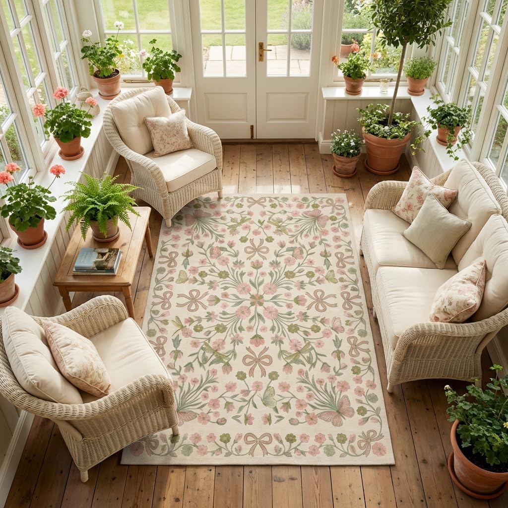 5x7 Area Rug for Living Room，Boho Pink and Green Floral Butterfly Bow Rugs，Non-Slip Washable Foldable Bedroom，Dining Room