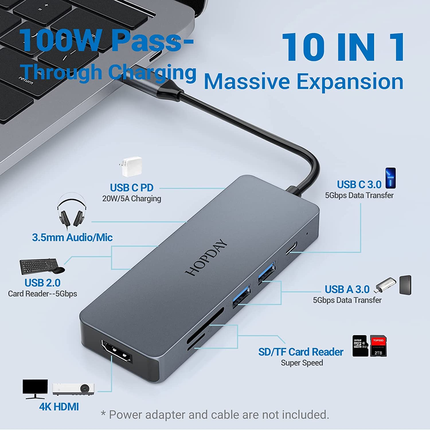 HOPDAY 10-in-1 USB C Hub - Multiport Adapter With 4K HDMI, 100W PD, SD/TF Card Reader