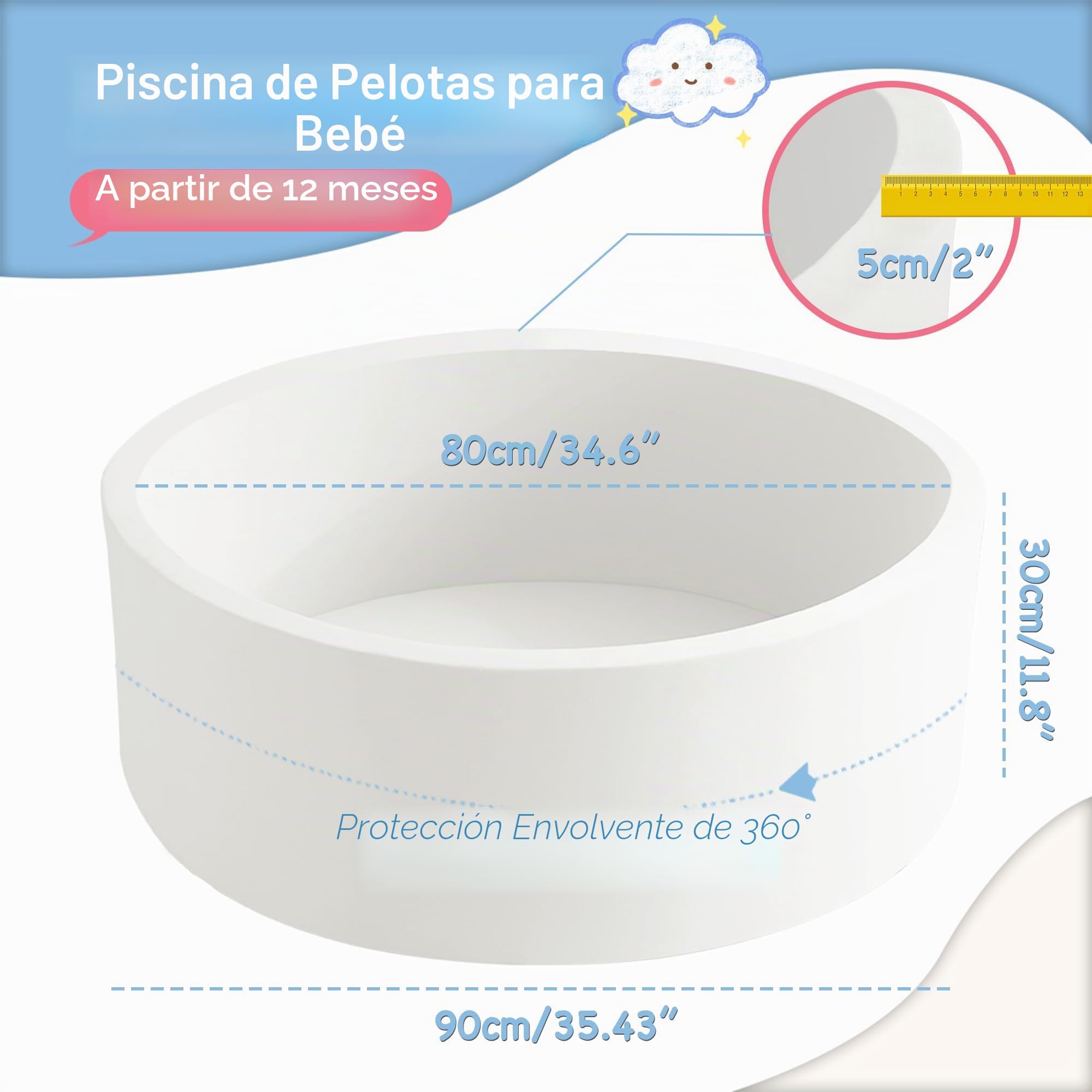 Piscina de bolas para bebés a partir de 1 año, piscina de espuma suave redonda sin bolas, 90x30 cm, juguete de piscina de bolas para niños pequeños, blanco