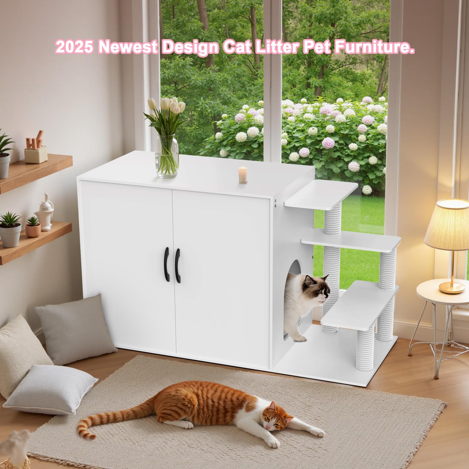 LuckyEnergy New Upgraded 2-in-1 Cat Litter Box Furniture with Cat Tree – Hidden Odor Control Enclosure for 2 Cats, Dual Entry, Ventilation, Modern TV Stand Style - image 4