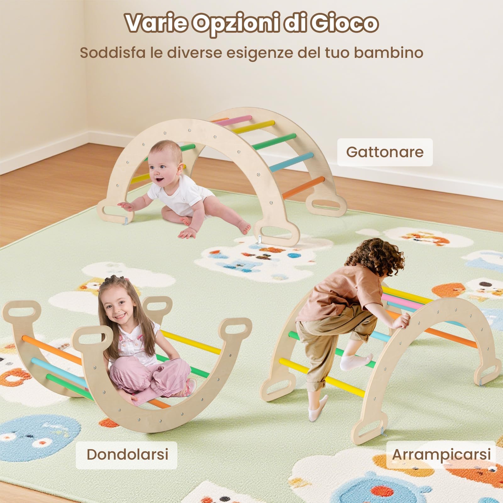 RELAX4LIFE 4 in 1 Triangolo da Arrampicata con Scivolo per Bambini, Arco da Arrampicata e Scala per Arrampicarsi in Legno, Montessori Giocattoli Bimbi 2 3 4 5 Anni