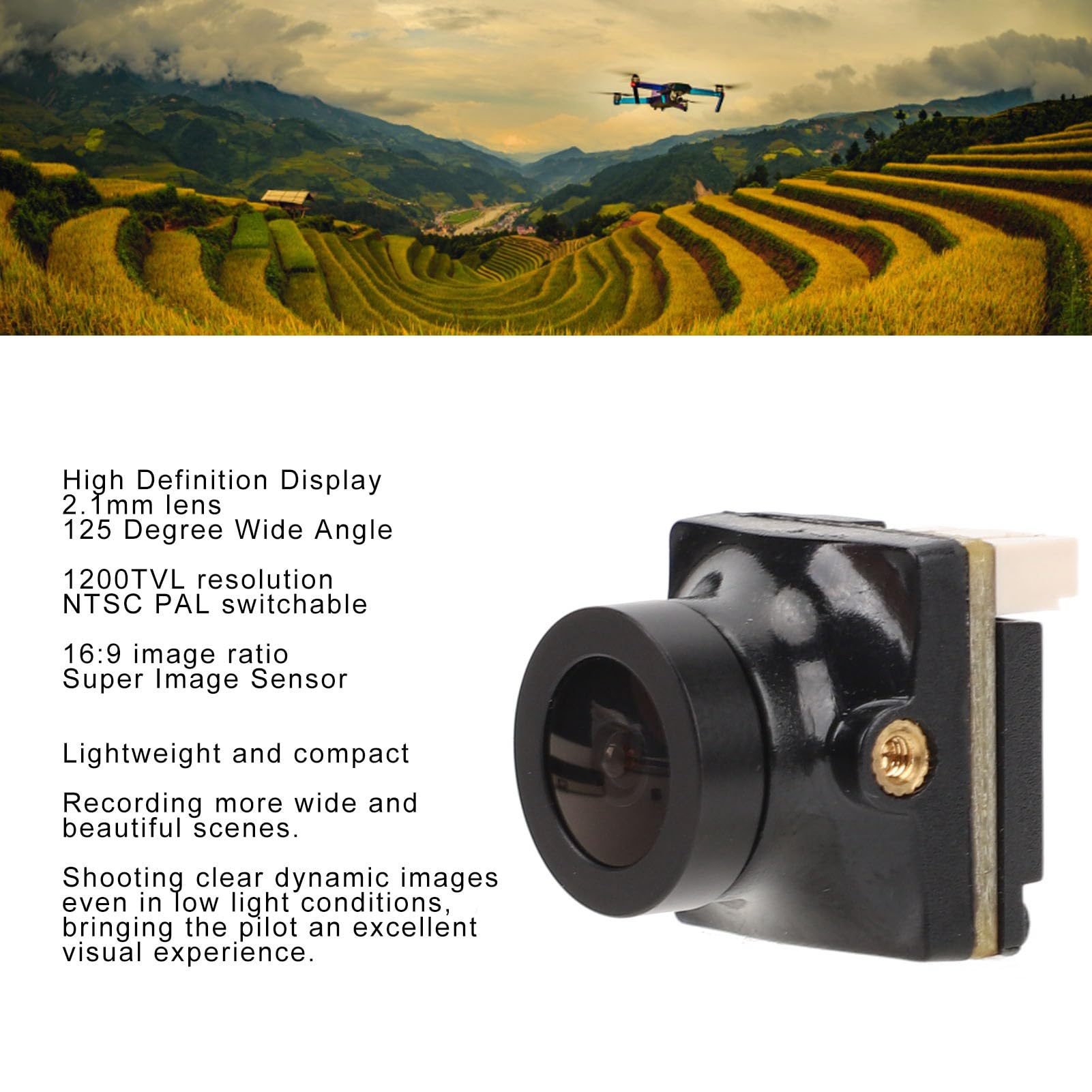 1200TVL FPV Camera, 2.1mm 125 Degree Wide Angle Lens for FPV Flight, DC 5-35V FPV Camera for Quadcopter Drone, FOV, NTSC PAL Switchable