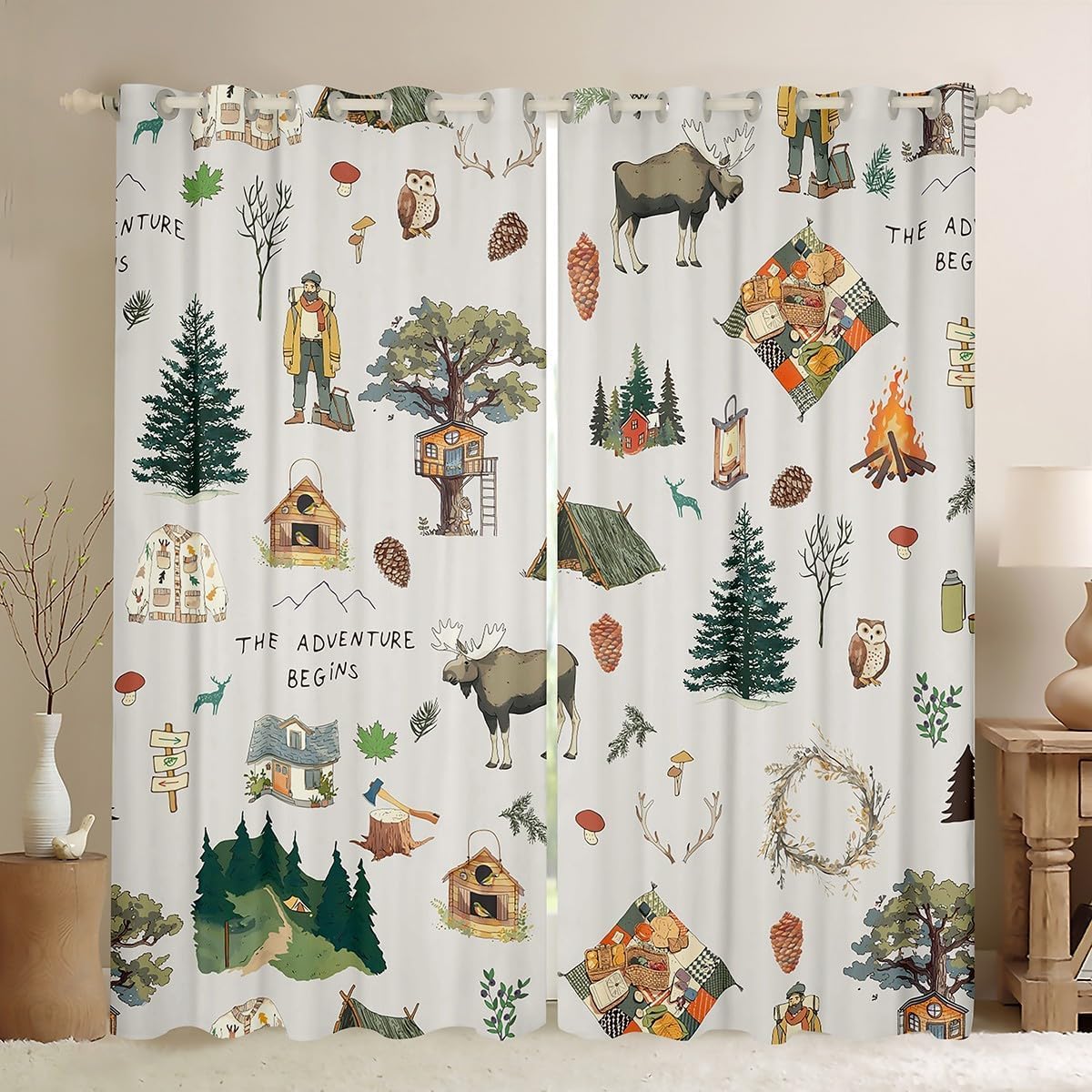 feelingyou Cartoon Camper Curtains for Windows,Jungle Adventure Travel Curtains for Living Room Bedroom,Wild Elk Animals Mountain Trees 100% Blackout Drapes 2 Panel Sets,46x54L โ image 1