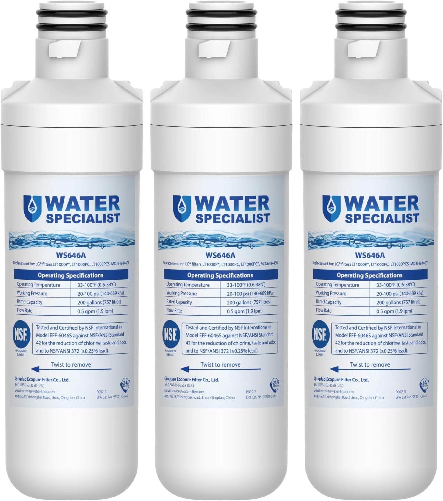 Waterspecialist LT1000PC ADQ747935 Replacement for LG® LT1000P®, LT1000PCS, LFXC24796S, LMXS28626S, LFXS26973S, ADQ74793501, ADQ74793502, 46-9980, 9980 Refrigerator Water Filter, Pack of 3