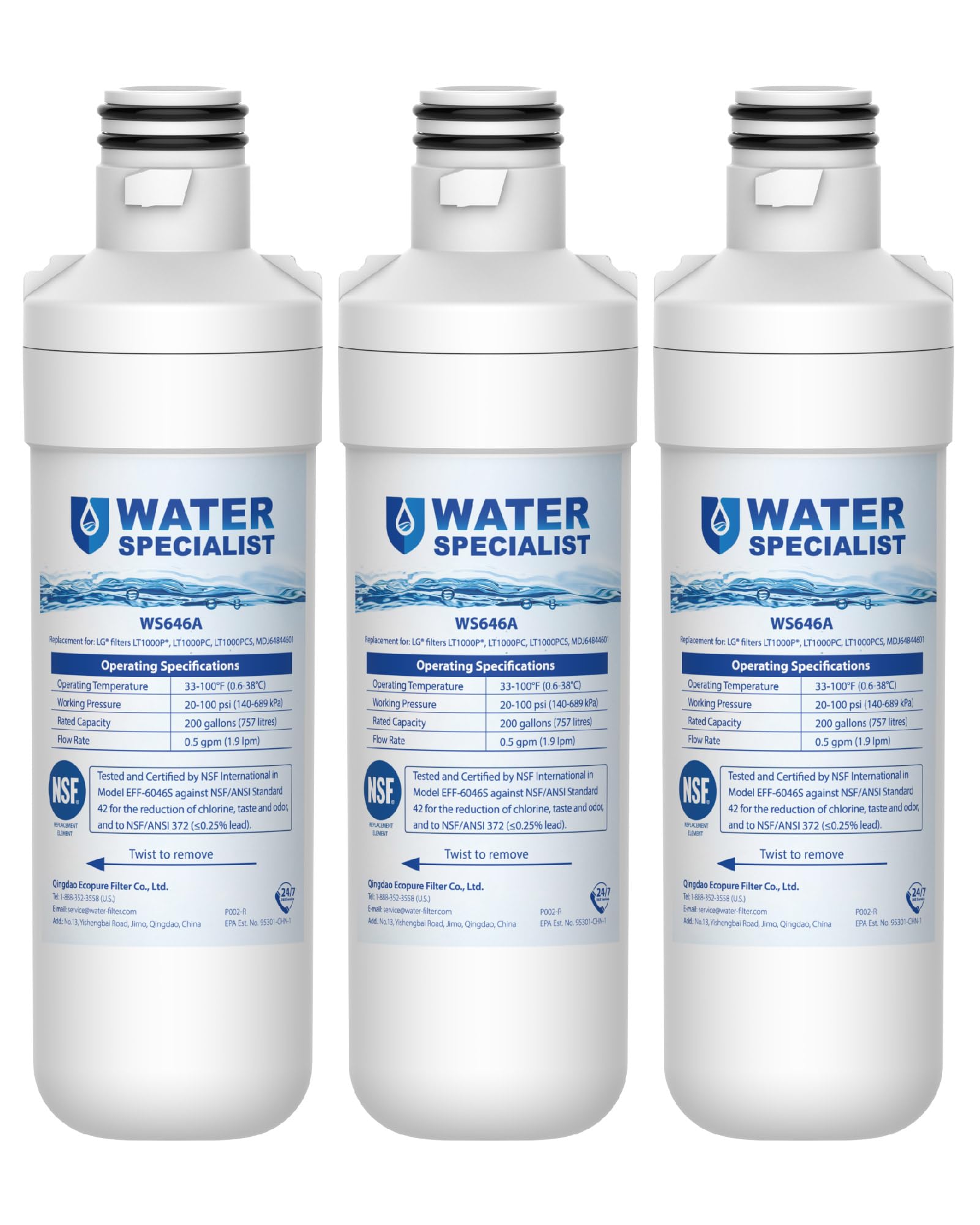 Waterspecialist LT1000PC ADQ747935 Replacement for LG® LT1000P®, LT1000PCS, LFXC24796S, LMXS28626S, LFXS26973S, ADQ74793501, ADQ74793502, 46-9980, 9980 Refrigerator Water Filter, Pack of 3 | Fridge.com