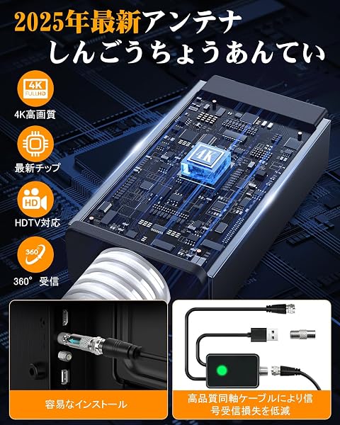 室内アンテナ テレビアンテナ【強力ブースター搭載】地デジアンテナ 4K/1080p対応 HDTV 内蔵5m 受信距離最大500KM 360°全方位受信 USB式信号増強 設置簡単 薄型 &小型 軽量 VHF/UHF兼用 高感度 高性能 無料視聴 屋内/屋外兼用 日本語取扱説明書付き - 3