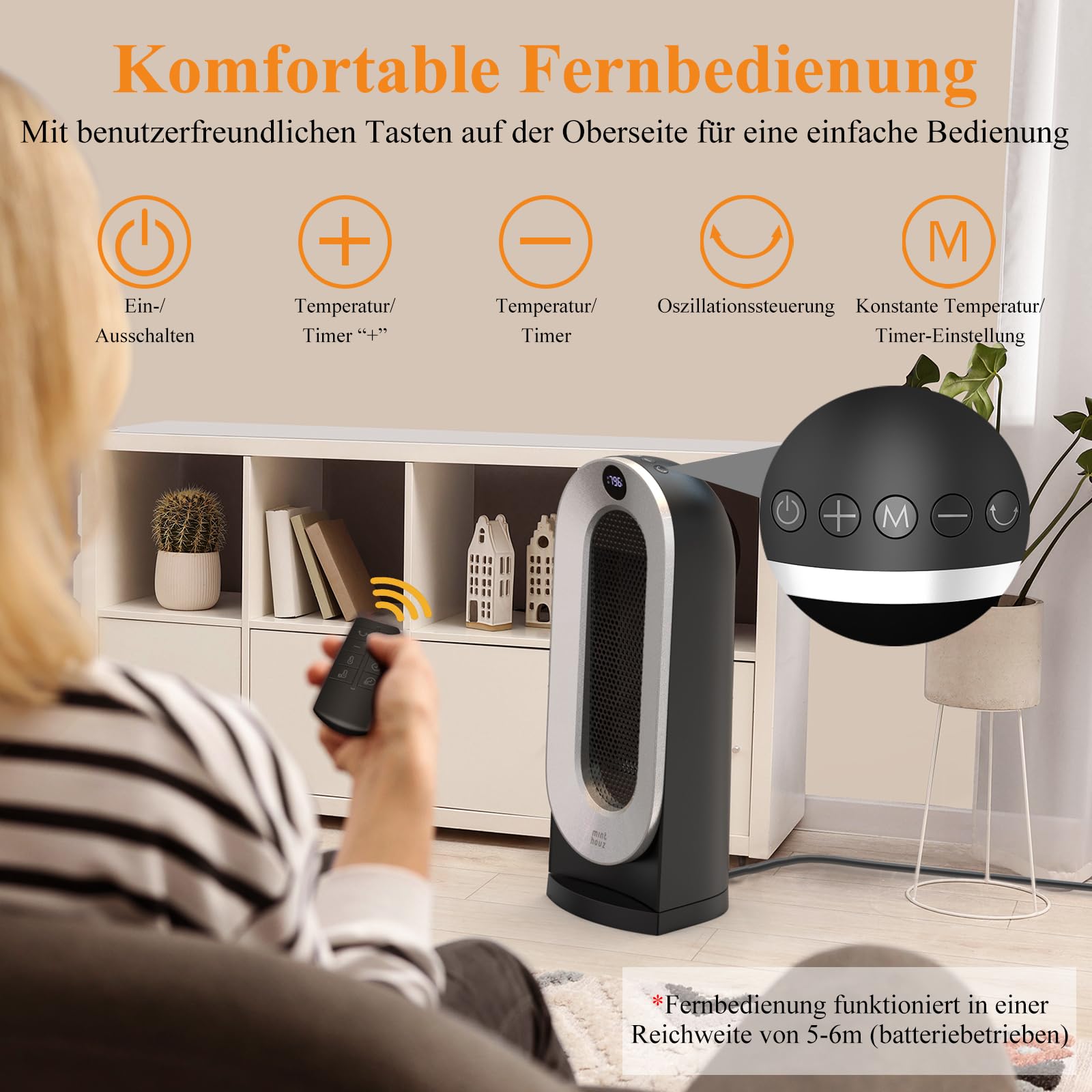 Minthouz Heizlüfter Energiesparend, 2000W PTC Keramik Heizlüfter mit 3 Heizstufen, ECO Modus, 70° Oszillation, Fernbedienung, 12H Timer, Kipp und Überhitzungsschutz,Elektroheizung für den Innenbereich