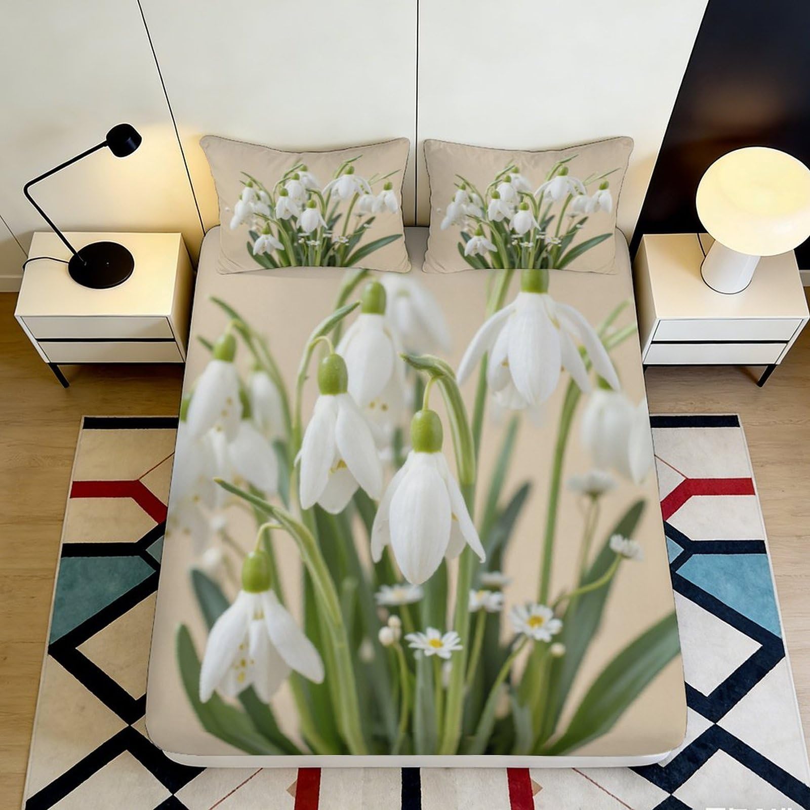 3D Printed Snowdrop Blossom Fitted Sheet Microfiber Soft Decorative Daisy Bed Cover for Bedroom Guest Room 90x200x25cm