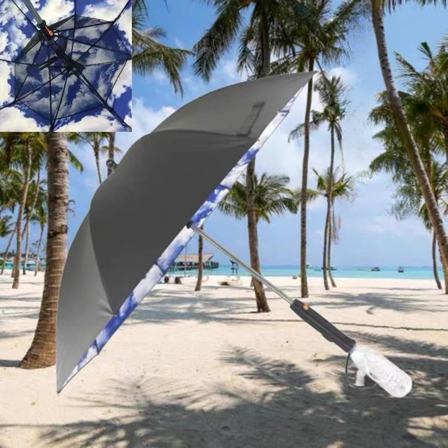 Portable Sun and Rain Golf Umbrellas, Umbrella with Fan and Mister, 2600mAH USB Rechargeable Personal Cooling Fan for Travel, Hot Day, Summer,(with a plastic bottle) white cloud