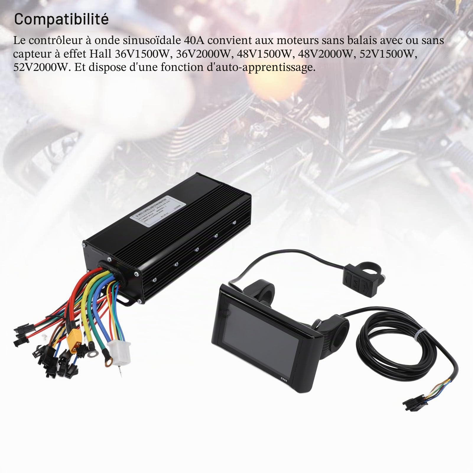 BuyWeek Kit de Contrôleur de Moteur sans Balais de Vélo Électrique, 36V 48V 52V 1500W 2000W 40A 3 Mode Contrôleur d'onde Sinusoidale avec Panneau d'Affichage LCD Couleur S966