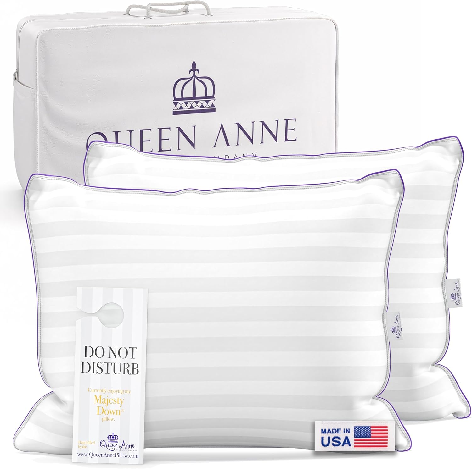 Queen Anne Hotel Collection Queen Size Bed Pillow 2 Pack – Adjustable Down Alternative Pillows for Side and Back Sleepers, Firm Support, Cooling, Hypoallergenic, Made in USA