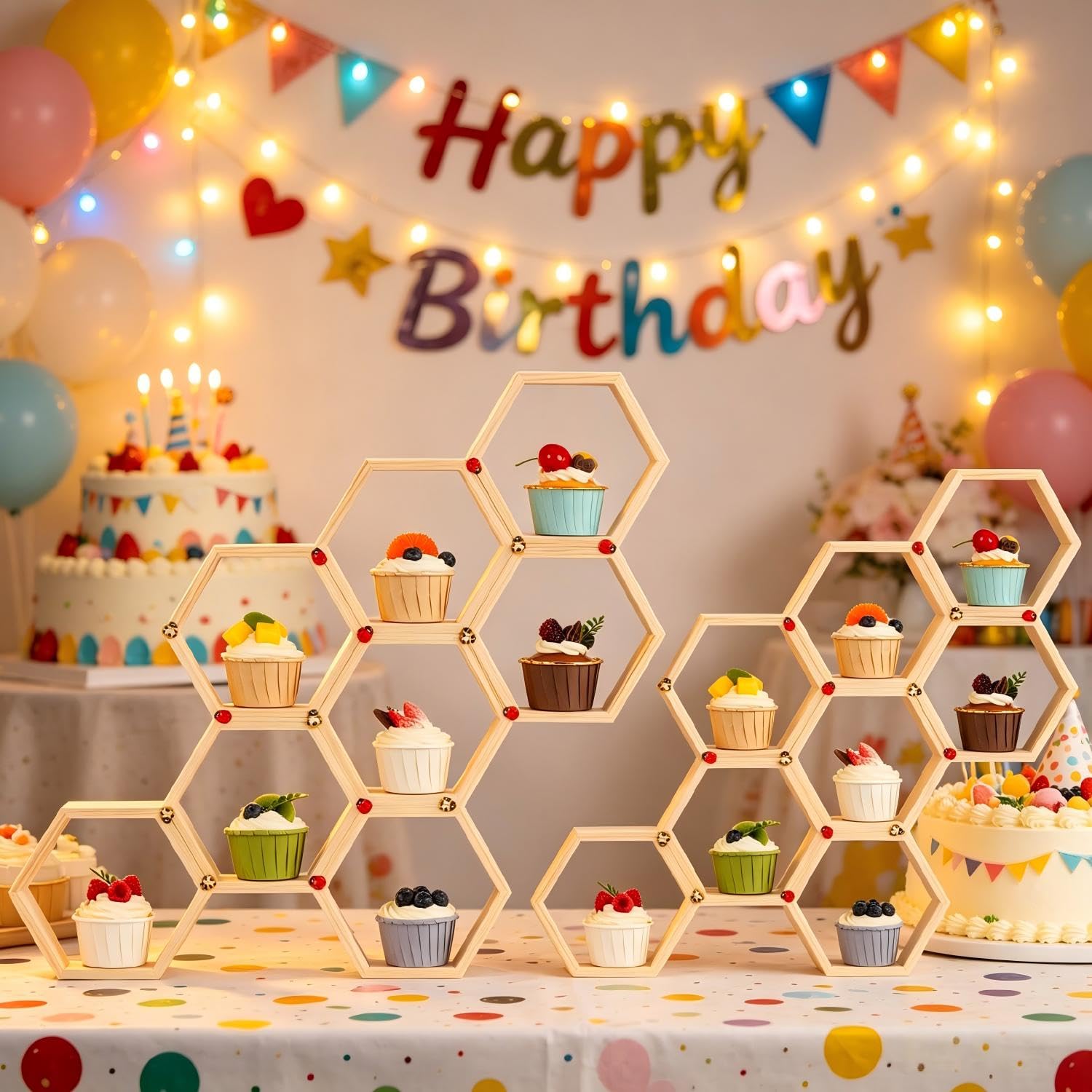 Set di 16 supporti per cupcake a nido d'ape in legno, 30 adorabili api e 10 coccinelle, impilabili, torre da dessert per torte a tema api, baby shower, feste di compleanno, matrimoni rustici