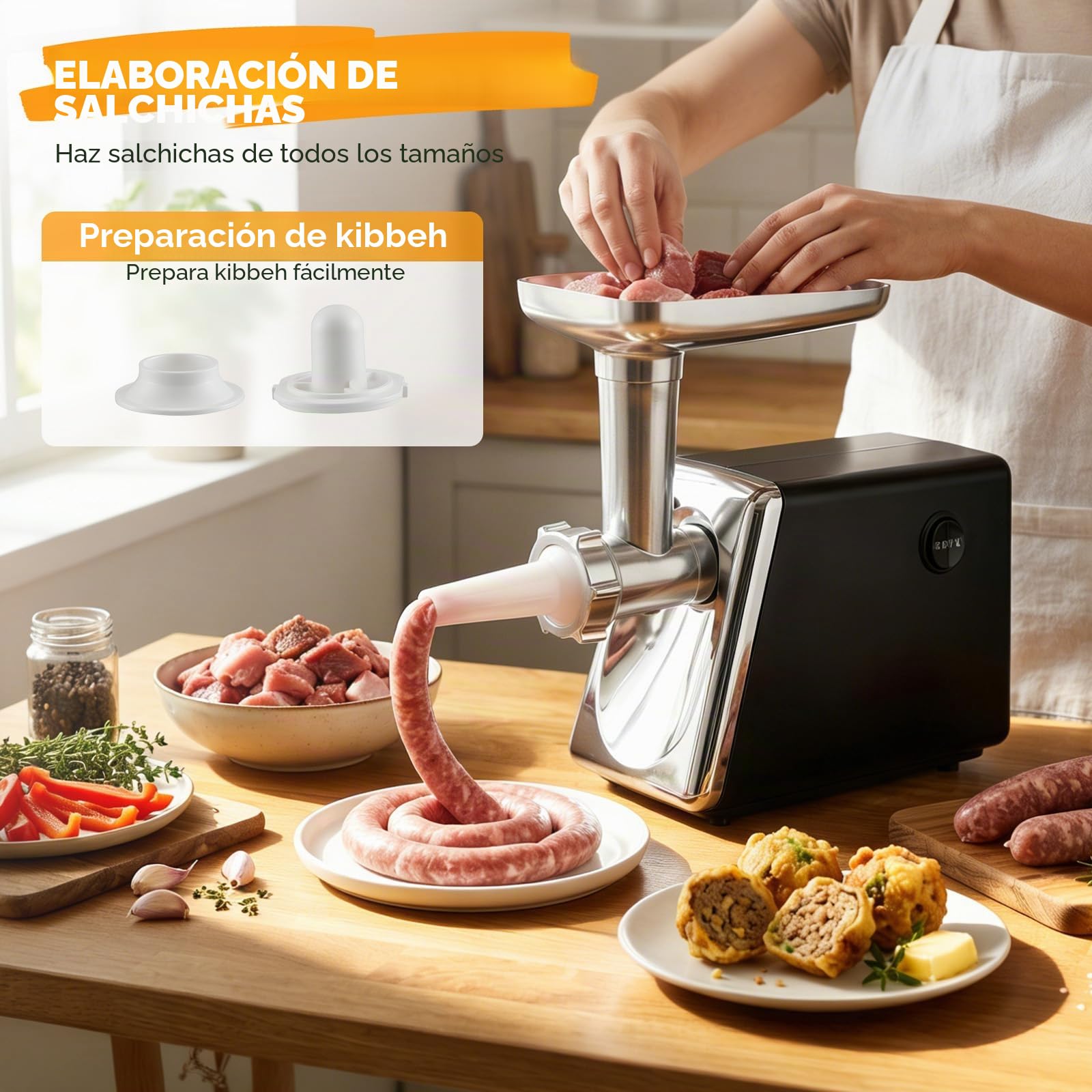 Picadora De Carne Eléctrica 4 En 1 Para Salchichas,Verduras,Queso,Silenciosa Y Protección Contra Sobrecalentamiento,En Acero Inoxidable Y Aluminio,Con 3 Platos De Corte Y Embutidora