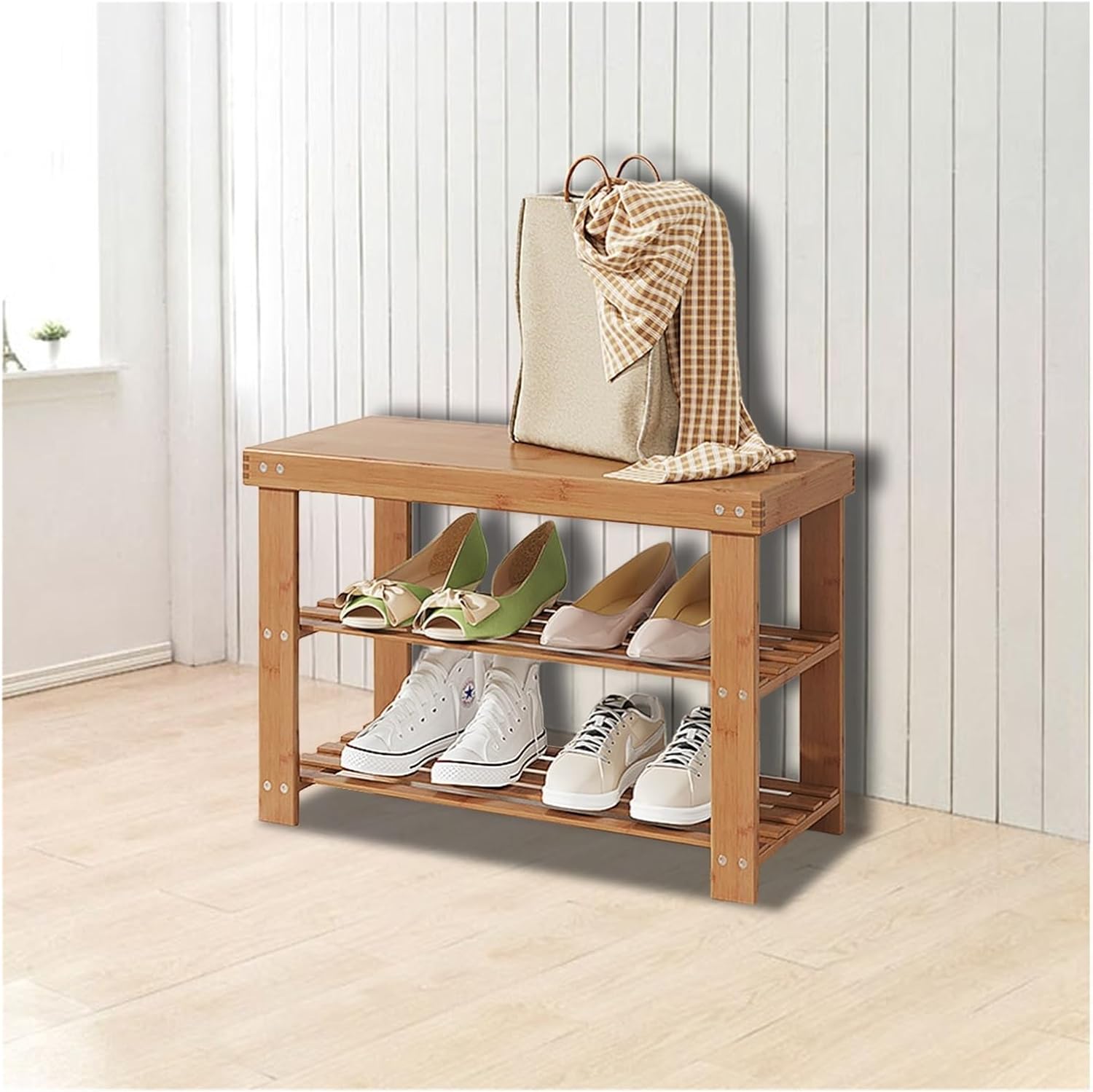 for Hallway, Bathroom, Or Living Room. Natural Design, Shoe Rack Bench - 3-Tier Storage(Small)