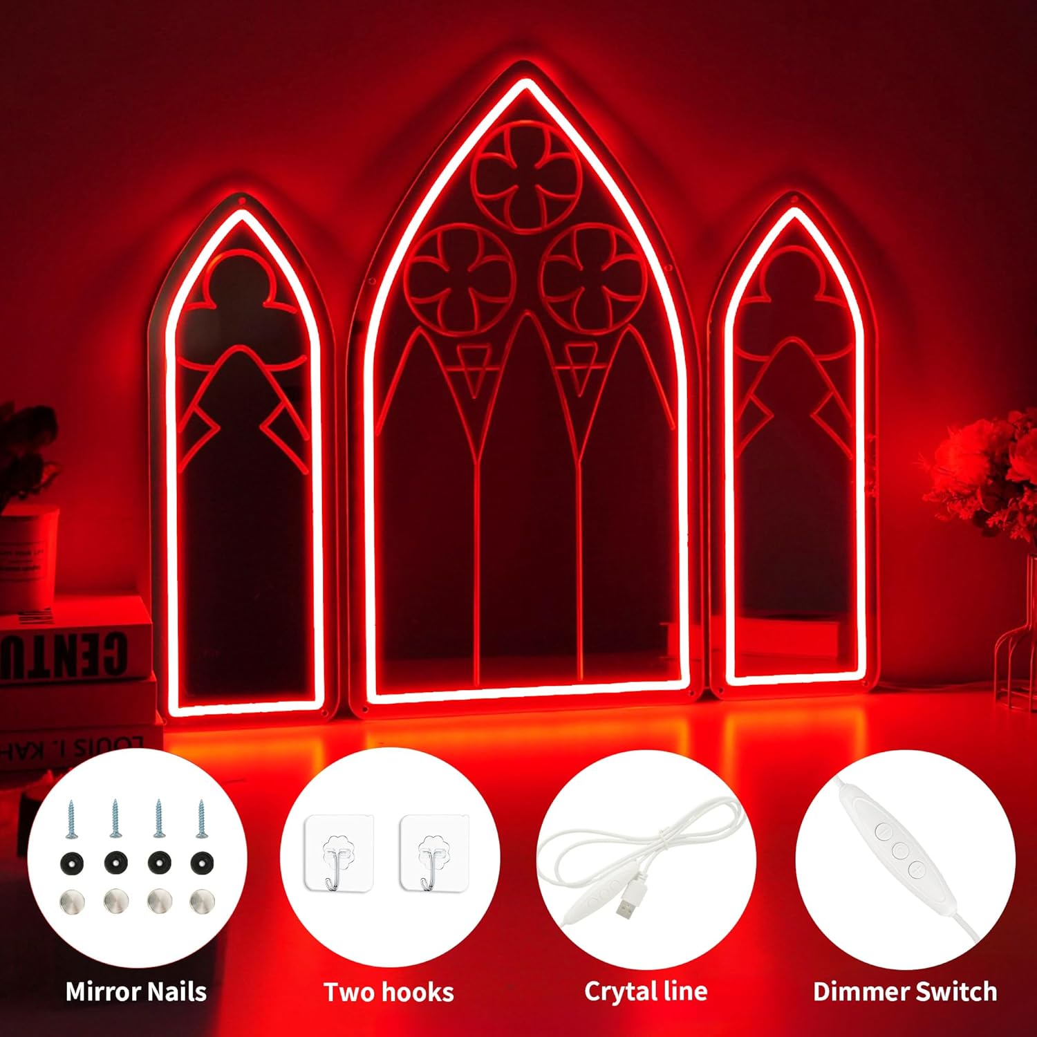 Gothic Neon Sign, Medieval Goth Neon Mirror Set, Window Mirror Neon Signs for Wall Decor, Gothic Cathedral Decor, Acrylic Witch Neon Mirrors 25″ × 14.7″