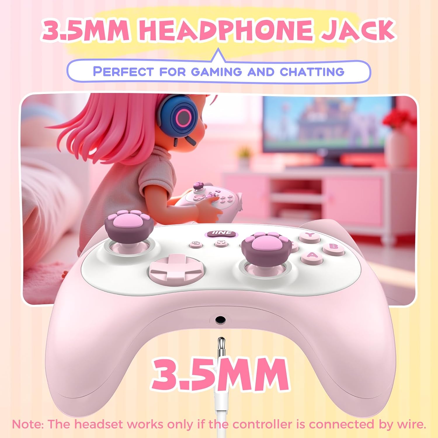 IINE Wireless Controller with Charging Dock – for PC, Switch, Android, iOS, Wireless & Wired Gamepad with Macro, Turbo, 6-Axis Motion, Rumble, Headphone Jack, Ergonomic Controller for Small Hands (Pink)