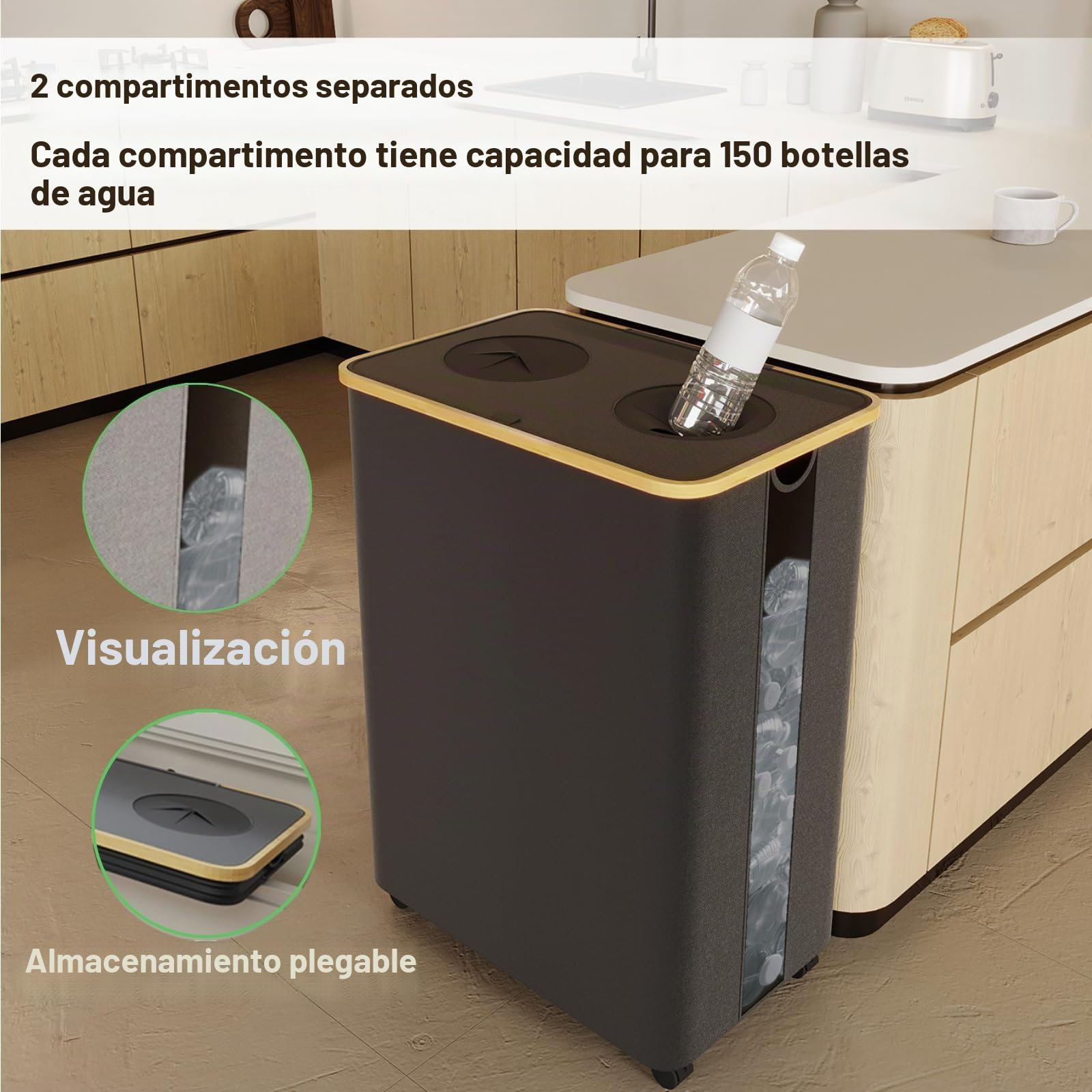 RMAN Cubo de Basura 160 L Reciclaje con Ruedas Grande, Negro | Con Tapa, 2 Compartimentos, Para Recoger Botellas Vacías, 18cm de Diámetro para Cocina, Comedor, Oficina