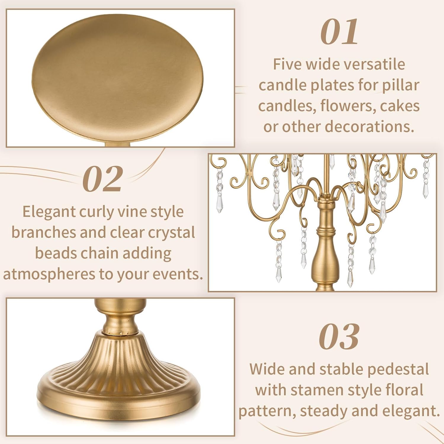 Sziqiqi Candelabra Centerpieces Gold Candle Holder - 5 Arm Pillar Candle Holders with Crystal Beads for Christmas Table Centrepiece Halloween Wedding Candleholders Decoration - Image 5