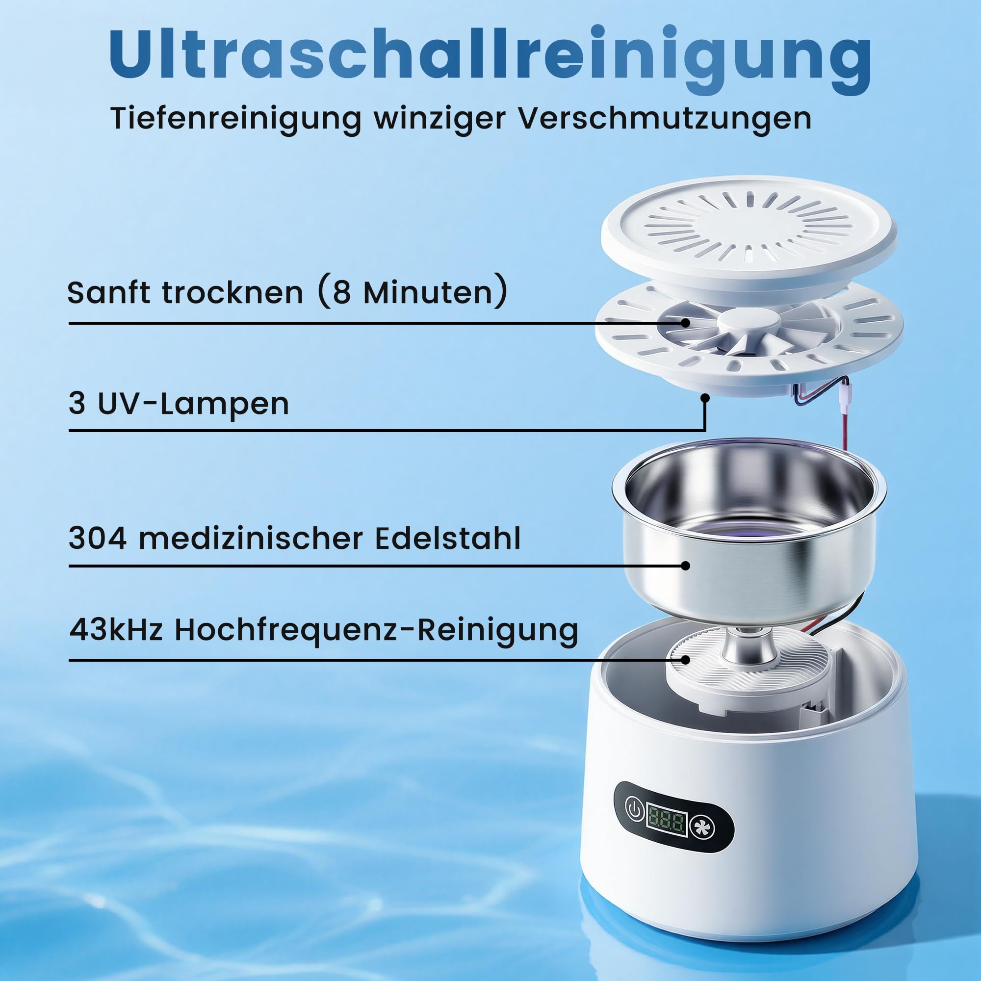 Dispositivo de limpieza por ultrasonidos para dientes (43 kHz, UV, con ventilador, 180 ml) | Secado rápido, limpieza suave, para dentaduras postizas, para joyas, vaina dental