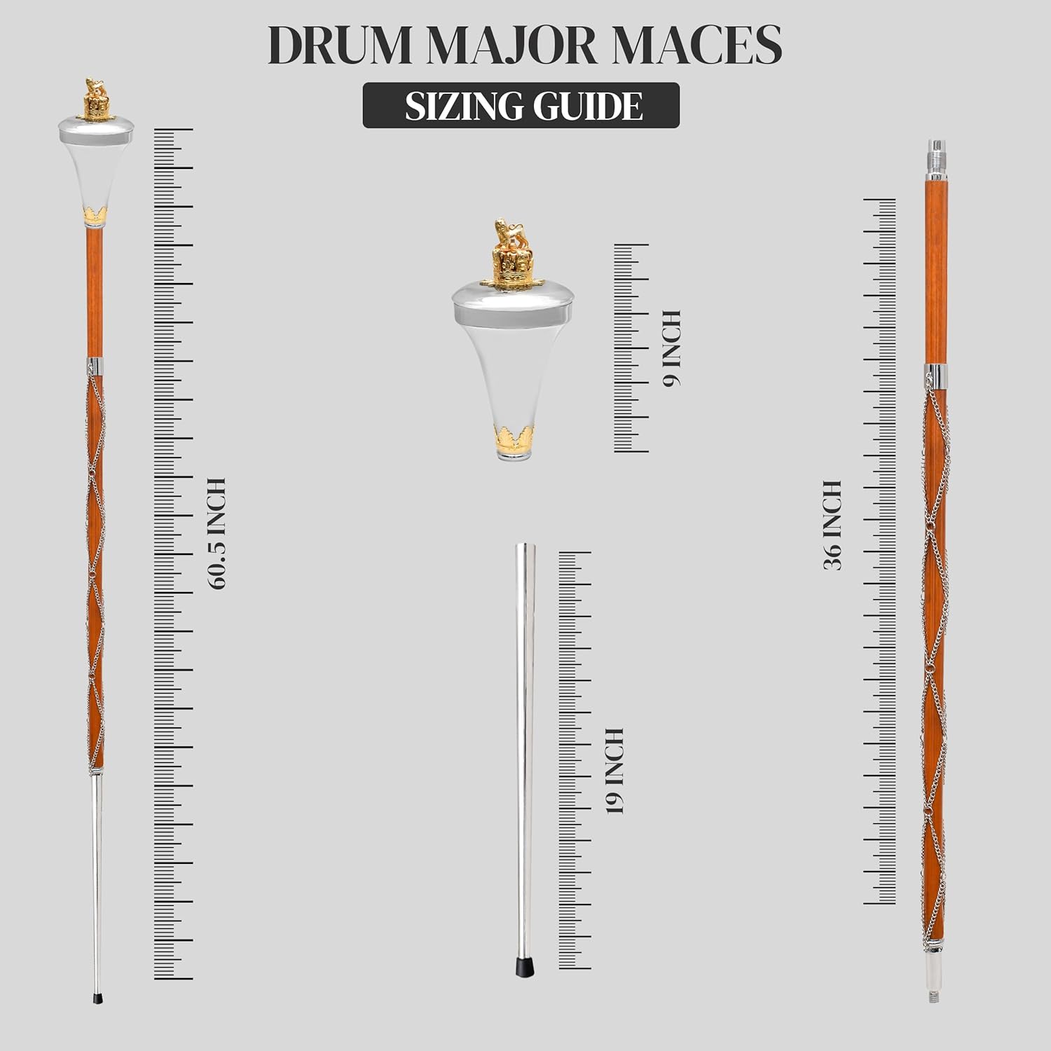 American Maces, Drum Major Maces Parade Stick Malacca Cane With Chain (Flat Head)