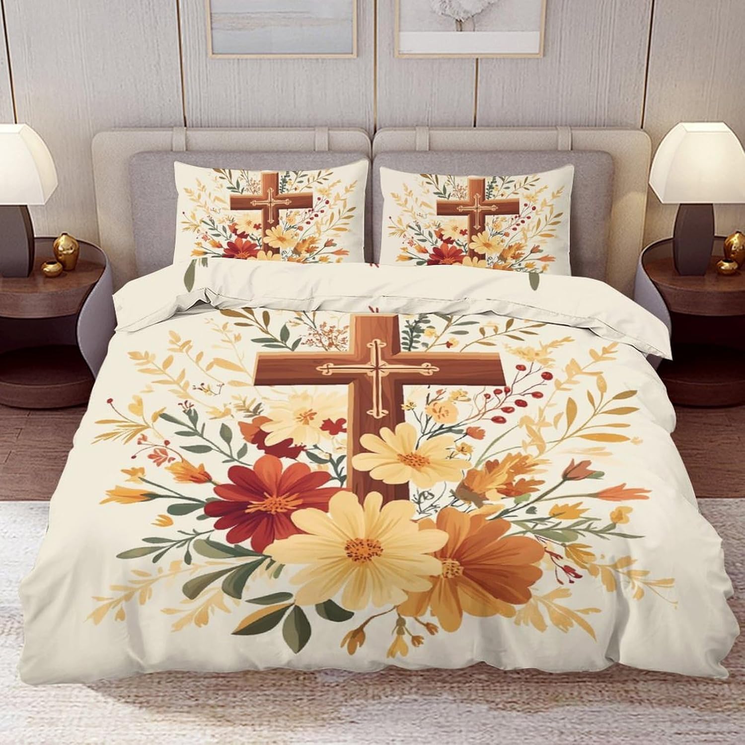 Delerain Comforter Cover Set King Size, Religious Cross Flowers 3-Piece Bedding Set for Women Men Modern Soft Microfiber Bedroom Set Room Decor, 1 Duvet Cover + 2 Pillowcases