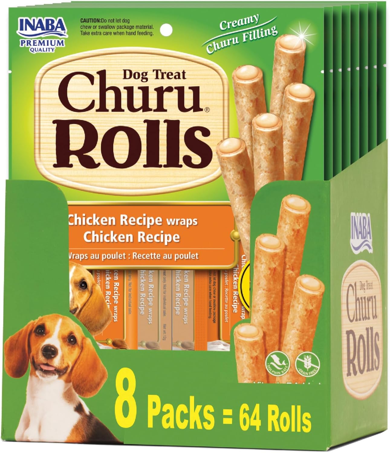 INABA Churu Rolls for Dogs, Soft & Chewy Baked Chicken Wrapped Filled Dog Treats, 0.42 Ounces Each Tube, 64 Tubes Total, Chicken with Salmon Recipe