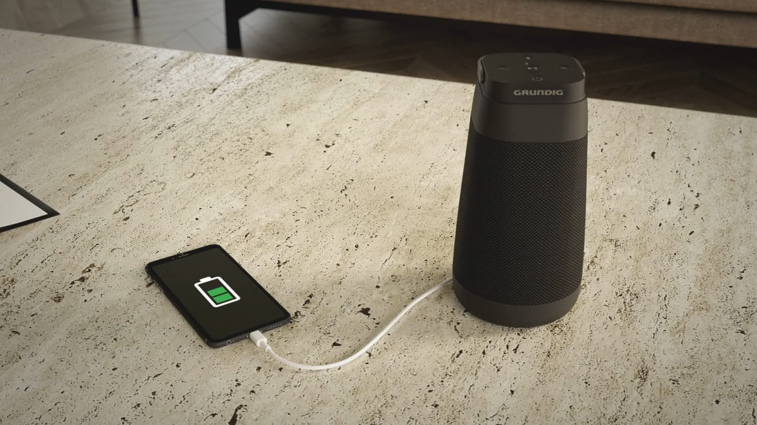 GRUNDIG BT Speaker Connect 360 Enceinte Bluetooth, boîte à Musique, Son à 360°, portée jusqu'à 30 m, autonomie jusqu'à 20 Heures, indicateur de Batterie LED, Station de Charge, Microphone, Noir