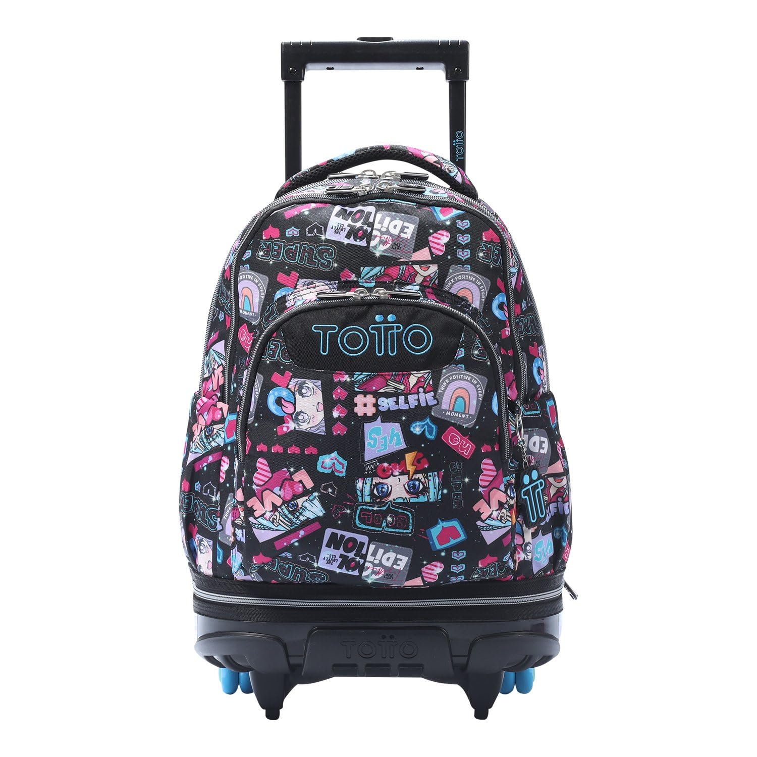 TOTTO Mochila Escolar con Ruedas Desmontables, Modelo Tiza, Capacidad 26 L, Mochila PC 15.4", Bolsillo Botella, Manija Telescópica, Espaldar Ergonómico y Correas en S, Estampado Misato Negro