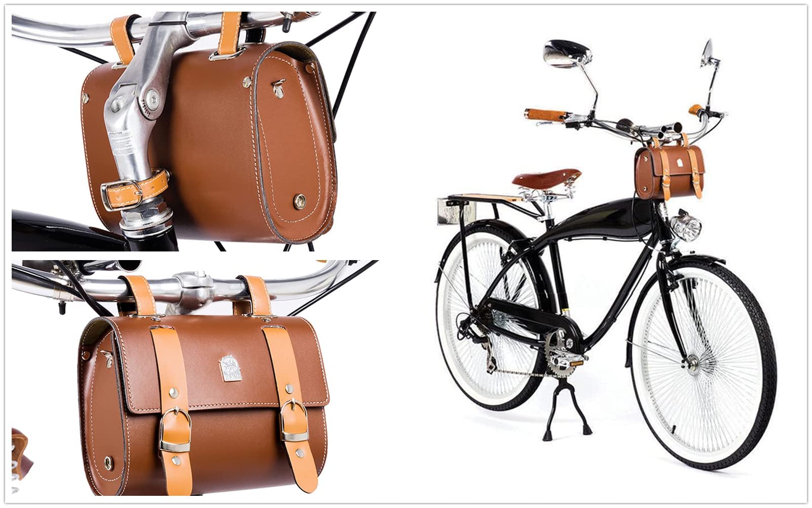 UNISTRENGH Retro Bike Handlebar Bag PVC Leather Bicycle Frame Bag Tool Bag for Cycling Pannier Rack Vintage Saddle Rear Bicycle Luggage Bag Accessories (Brown #1)