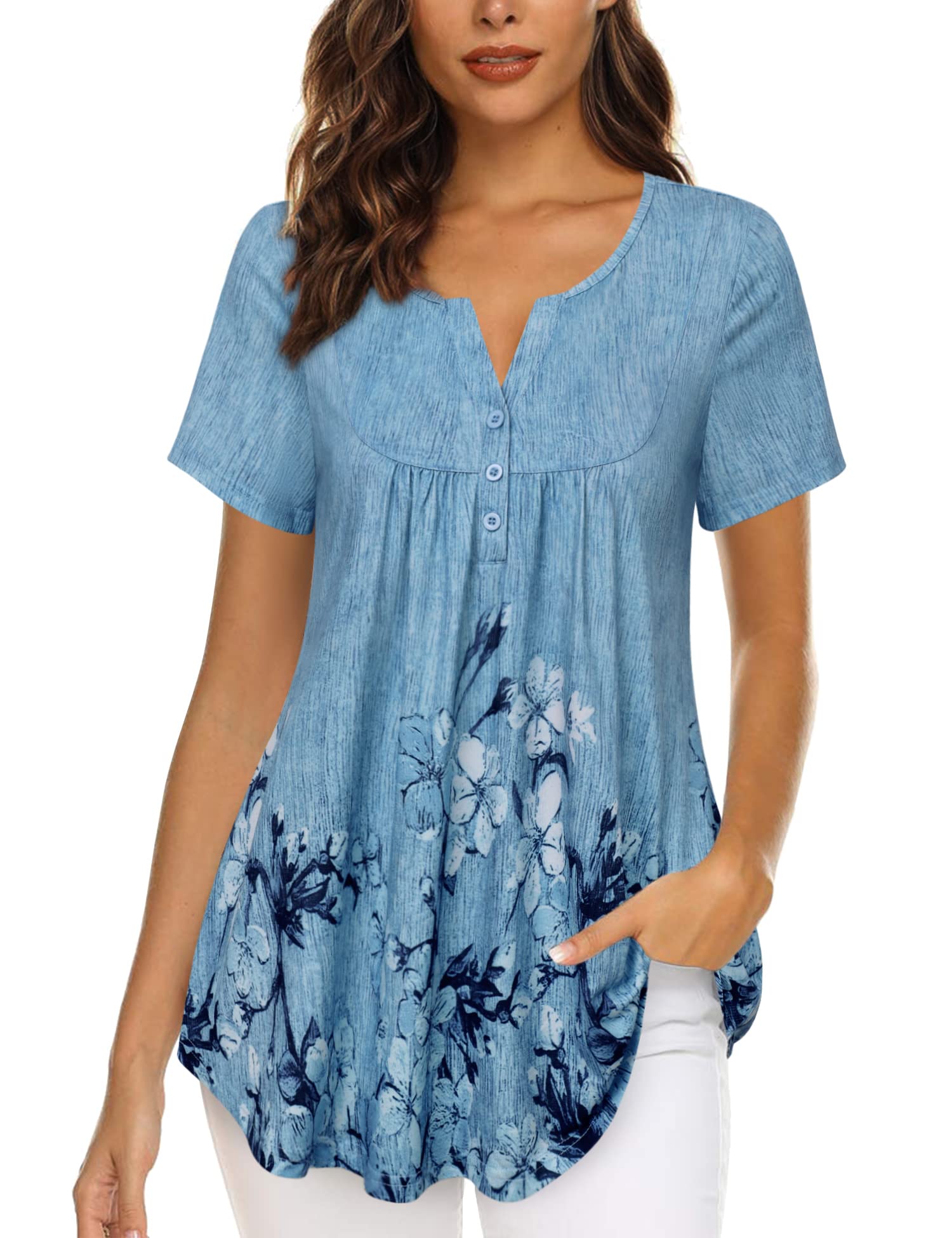 Bebonnie Women's V Neck Pleated Tunic Top - Short Sleeve Flowy Blouse, Casual Tee - View #3