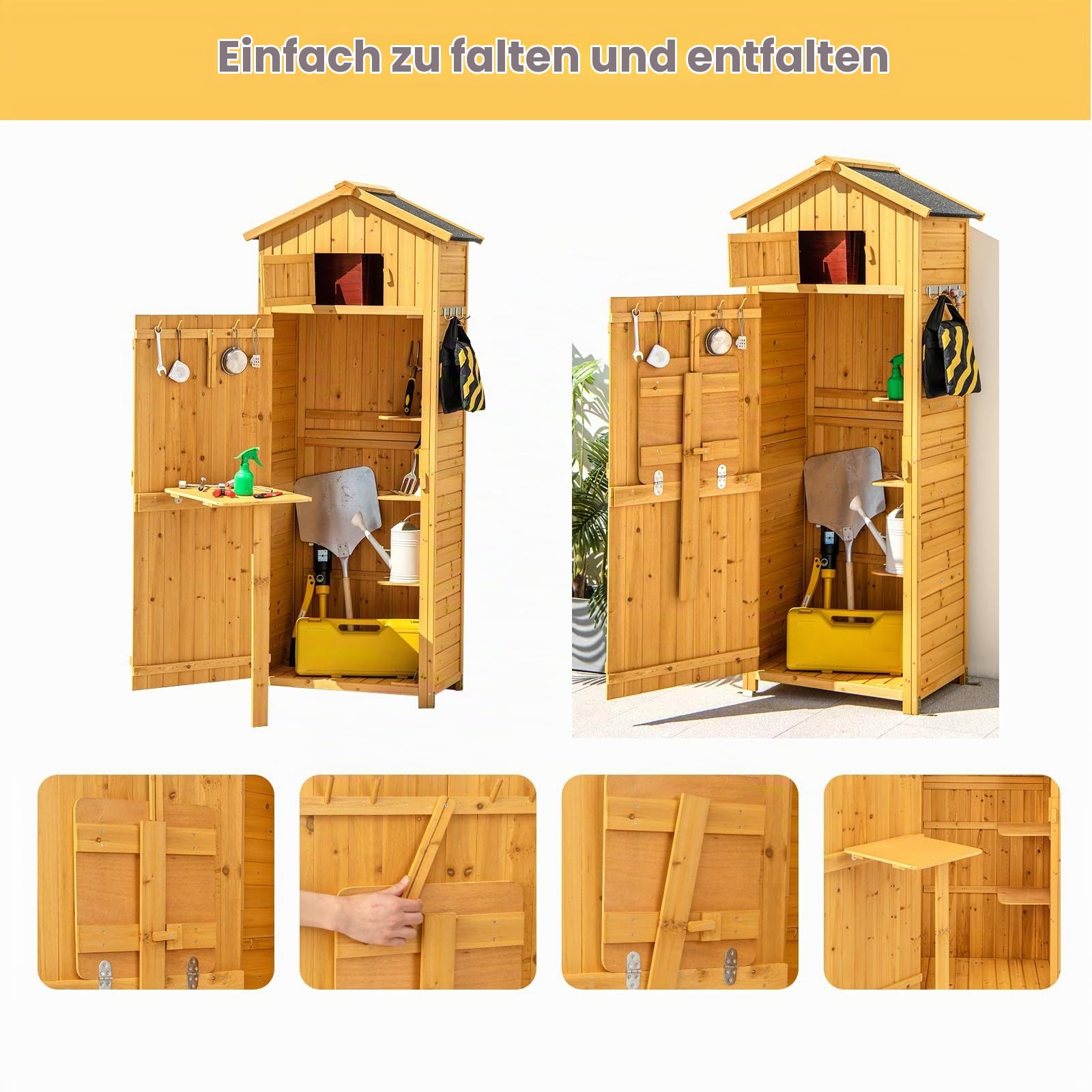 KOMFOTTEU Gartenschrank Holz, Gerätehaus Outdoor wetterfest, Geräteschuppen mit Satteldach, Werkzeugschrank Holzschuppen mit Regal Faltbarem Tisch, 180x65x42 cm, Natur