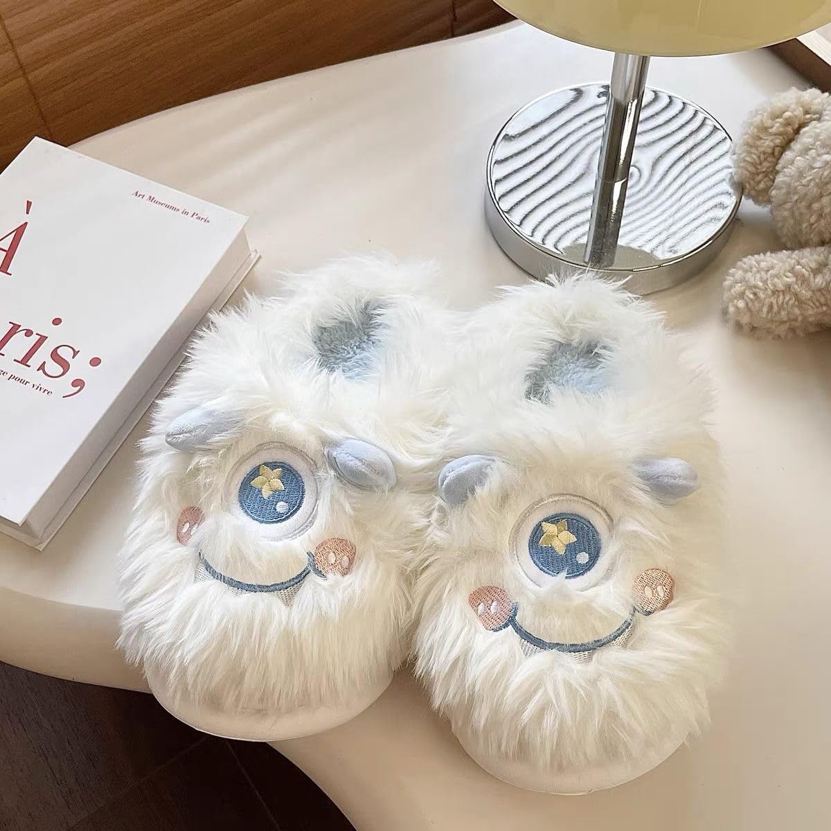 Cute Kawaii Multi Colored One Eye Monster Plush Fuzzy Soft Warm Fluffy House Slippers for Women Anti-Slip Rubber Sole Slides