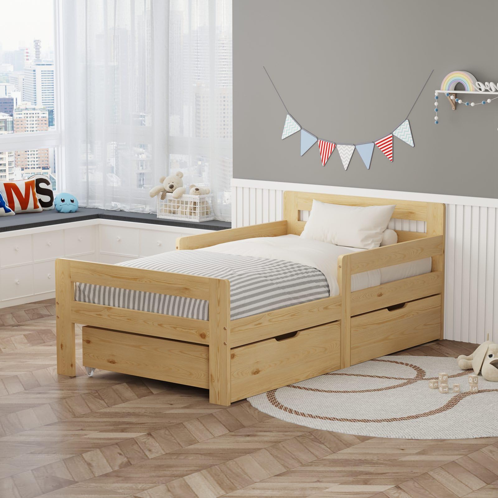 WestWood Wooden Toddler Bed Frame Only with Storage Drawer, Montessori Floor Bed for Kids, Single Bed with Safety Bed Rail Guard, Junior Boys Girls Children Bed, Natural Wood