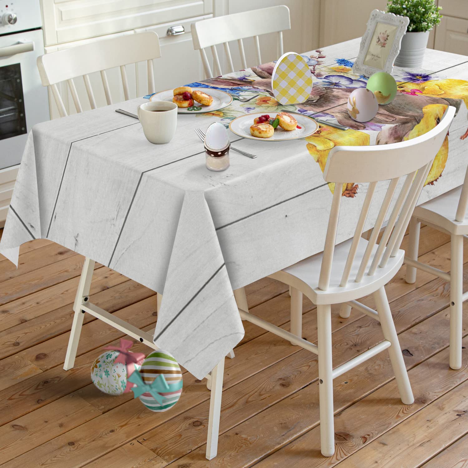 Yun Nist Bunny Easter Tablecloth,Spring Floral Tablecloths for Kitchen, Farm Vintage Wood Board Cotton Linen Table Cover Tabletop Cloth for Dining Room BBQ Party 60×84in