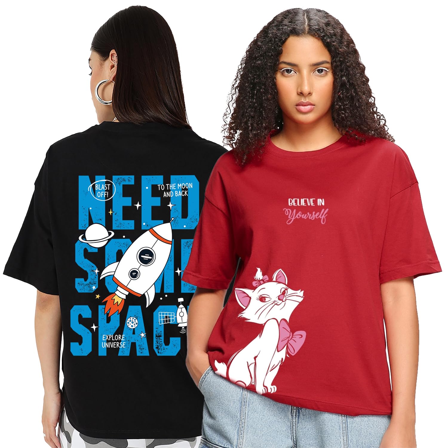 Bewakoof Lot de 2 t-shirts à manches courtes et col rond en pur coton pour femme