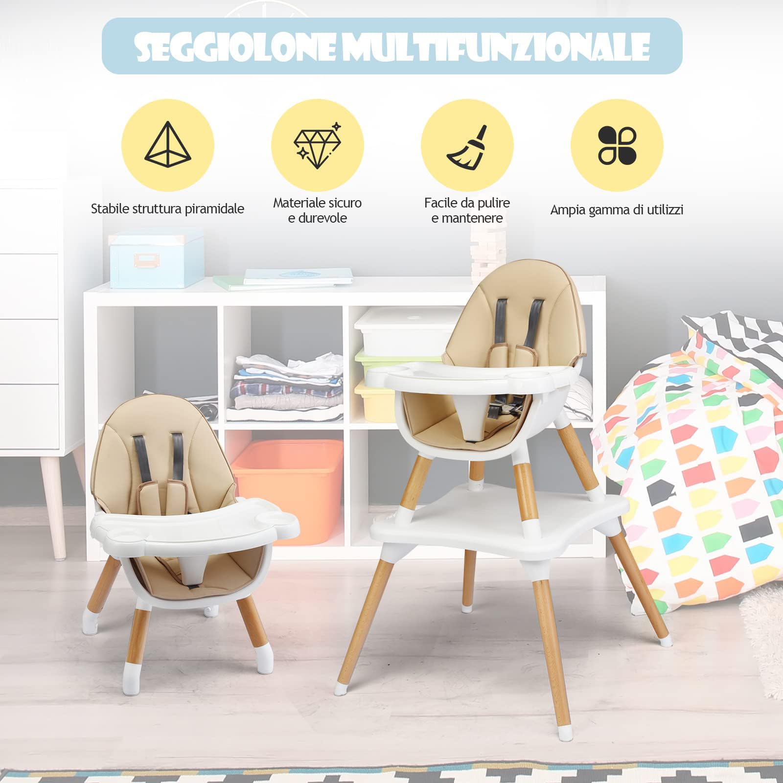 RELAX4LIFE 4 in 1 Seggiolone Pappa, Seggiolone Evolutivo con Vassoio Rimovibile e Cintura di Sicurezza, Altezza Regolabile in 4 Posizioni, per Bambini e Neonati 6-36 Mesi (Classico, Beige)