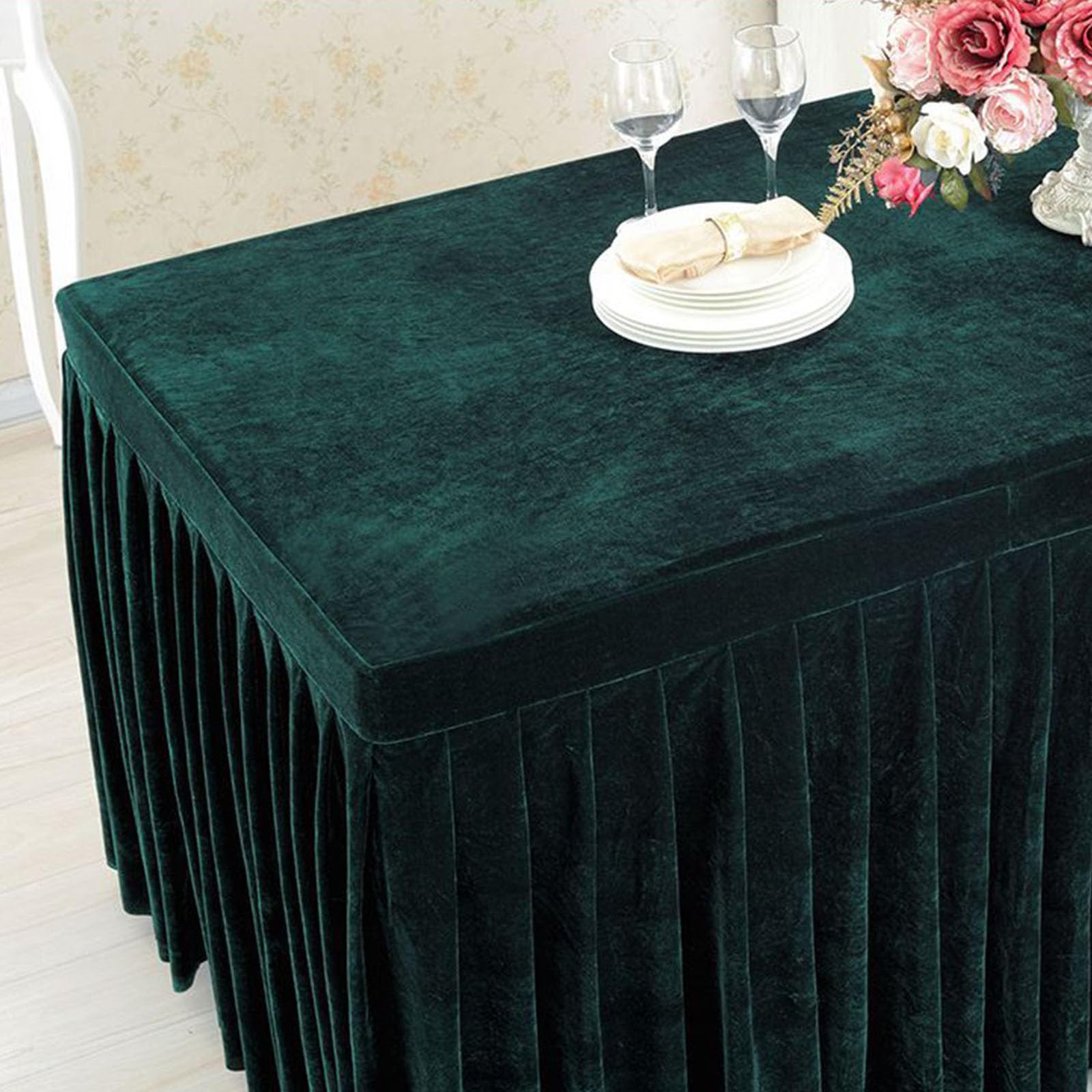 Odot Falda de Mesa de Elastano Rectangular Mantel Elástico con Faldón, Terciopelo Dorado Reutilizable Falda de Mesa para Banquetes, Boda, Bautizos de bebés (180 * 60 * 75cm,Verde Oscuro)