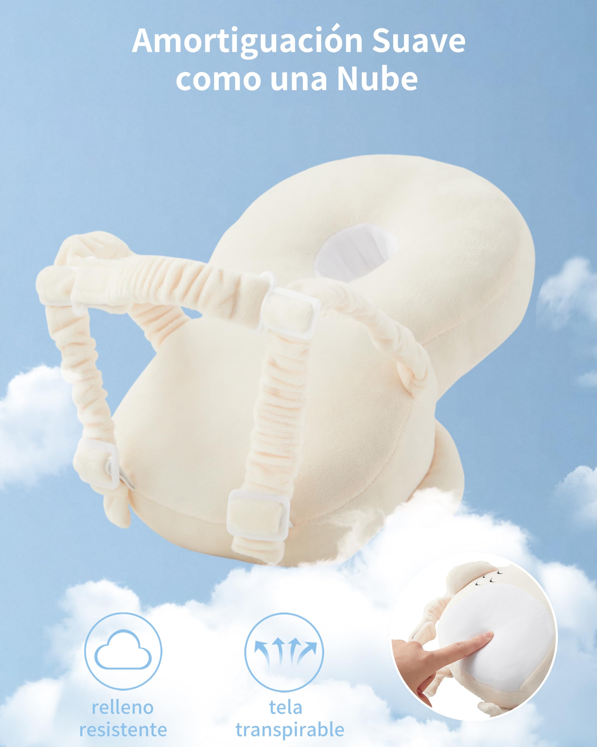 Fortella Mochila de Protección para Bebé, Protector de Cabeza Anticaida Ajustable, Cojin de Seguridad para Caminar, Cascos Bebe, con Rodilleras y Calcetines, Ideal para Gateo Soporte, 5–24M,Búho Beige