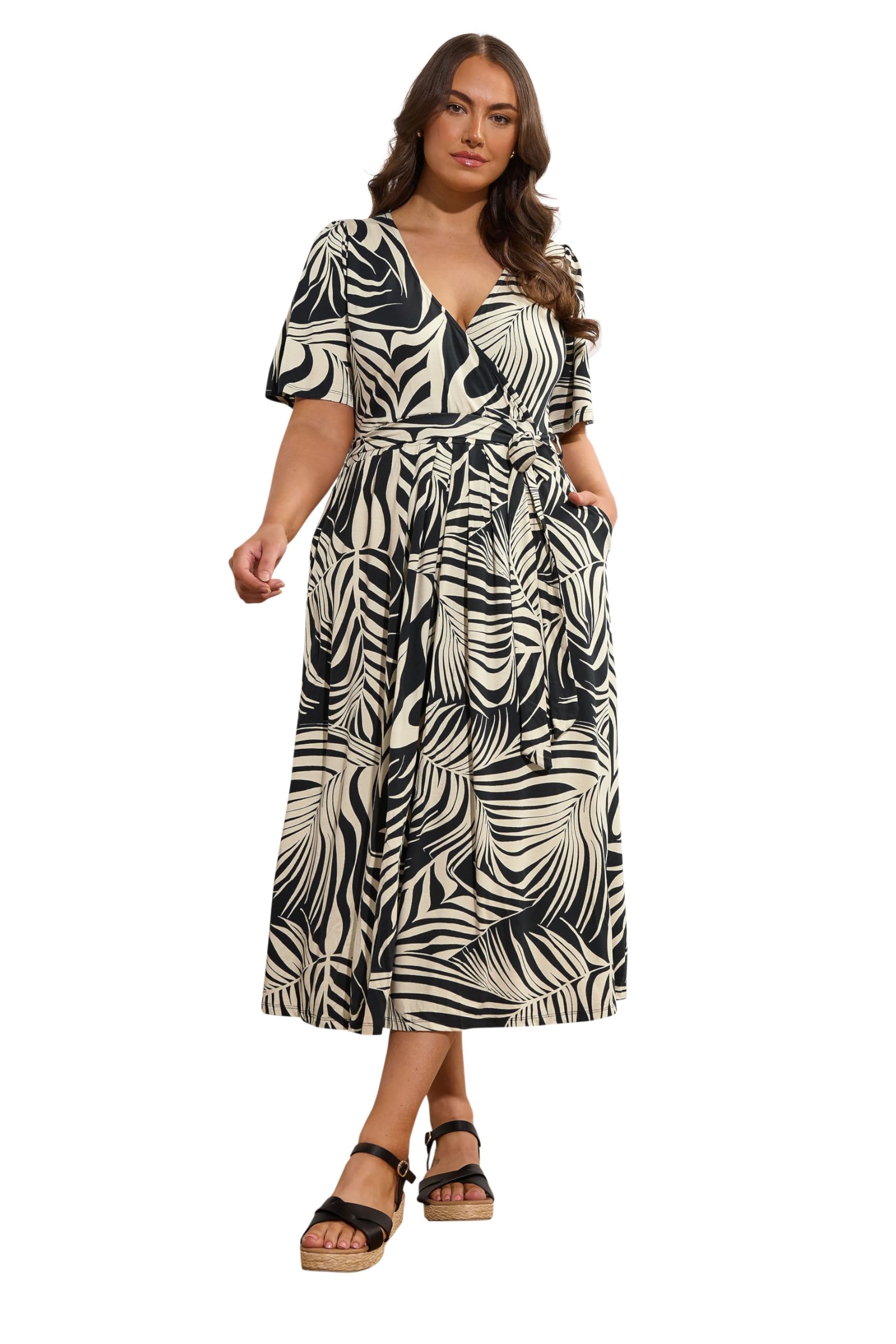 Evans Women's Black Curve Palm Print Wrap Midi Dress - Plus Size Curve