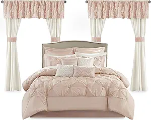 Madison Park Essentials Room in a Bag Faux Silk Comforter Set-Luxe Diamond Tufting All Season Bedding, Matching Curtains, Decorative Pillows, Cal King(104"x92"), Blush 24 Piece (MPE10-811)