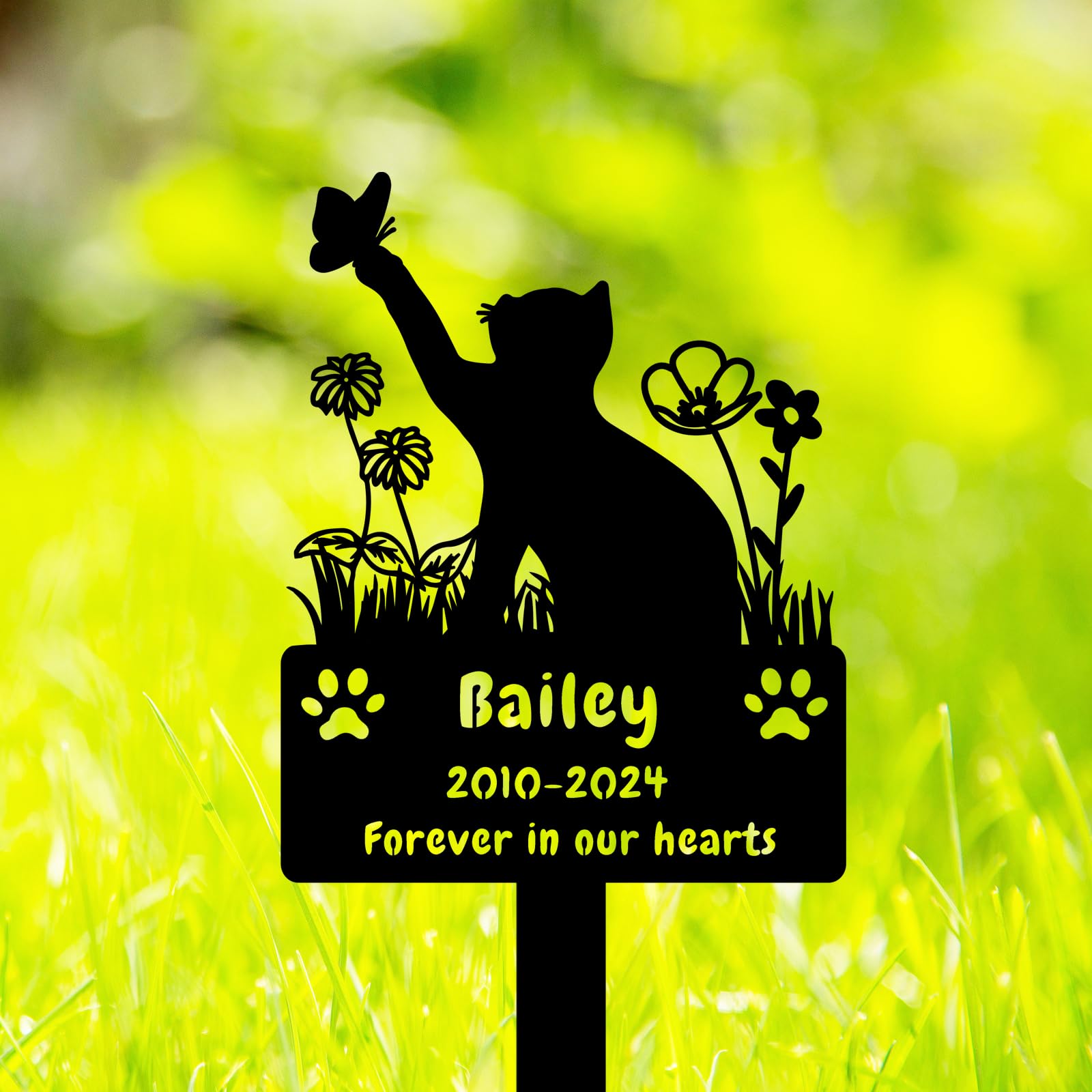 GRJIRAC Custom Cat Grave Marker Cat Burial Stake, Personalized Butterfly Flowers Cat Memorial Garden Stake, Metal Cat Memorial Plaque for Outdoors,