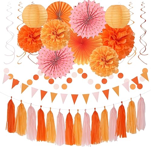 Decoraciones de Fiesta de Acción de Gracias Otoñal Boho Rosa-Naranja - 33 piezas Pancarta de Friendsgiving Otoñal, Serpentinas Guirnalda de Borlas,