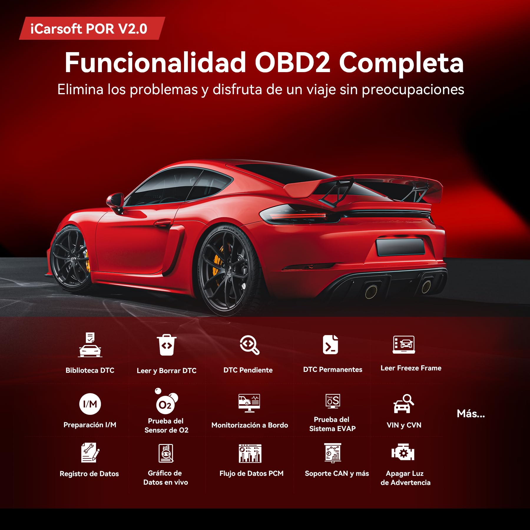 iCarsoft por V2.0 OBD2 Máquina Diagnosis Coche para Porsche/Cayenne/Macan, Escáner de Todo el Sistema, Detector Fallos Coche con 9 Funciones Reinicio, Prueba de Batería, Actualización de por Vida