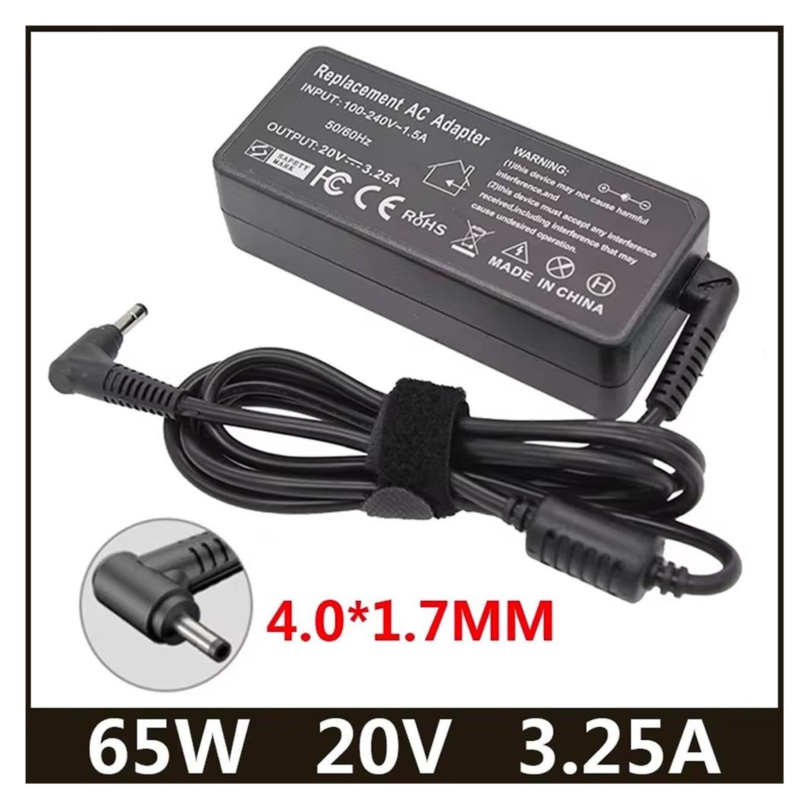 Cargador De Vuelta De CA De 20 V, 3,25 A, 65 W, 4,0 X 1,7 Mm, Compatible con ThinkPad, Compatible con IdeaPad, 330s 320 100-15 B50-10 Yoga 710 510-14ISK Redmibook 14 13(with EU Plug)