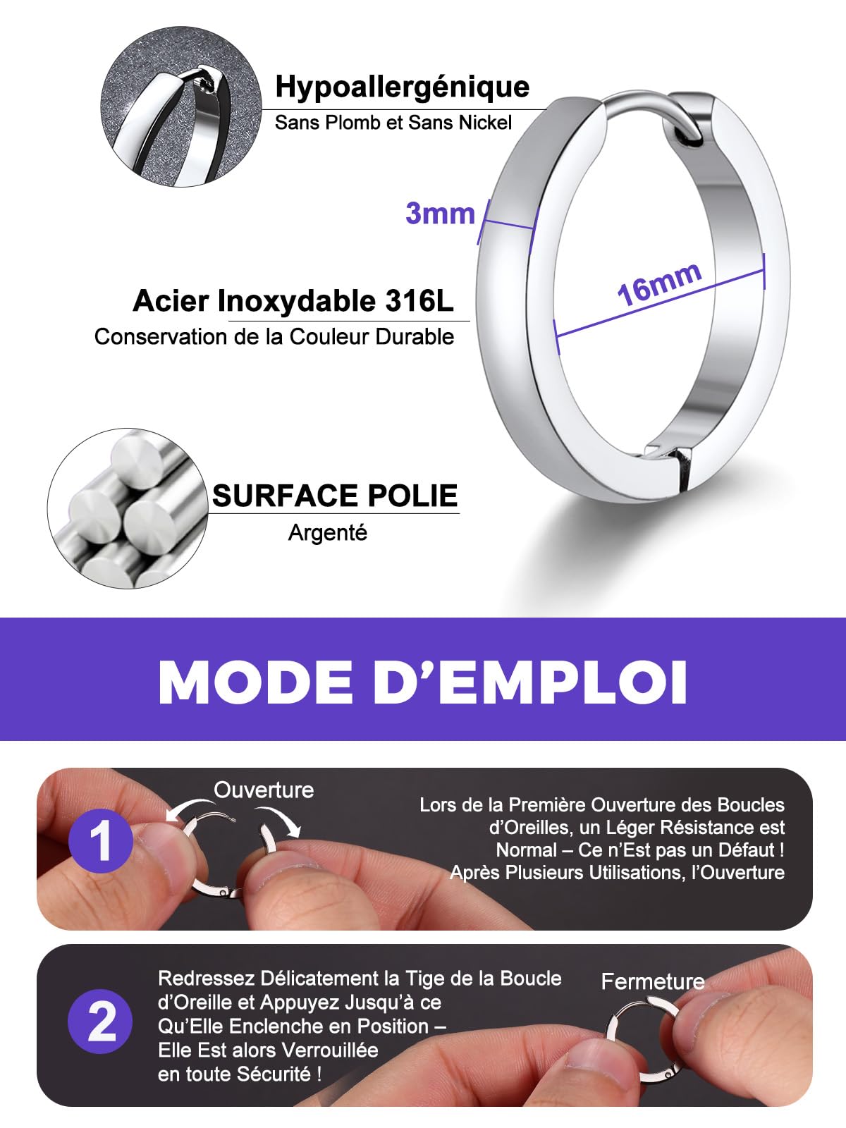 Richsteel 3/5 Paires Boucles d'oreilles en Acier Inoxydable pour Homme Femme - Set de Créoles d'Oreilles Cadeau Saint-Valentin - Bijoux pour Couples