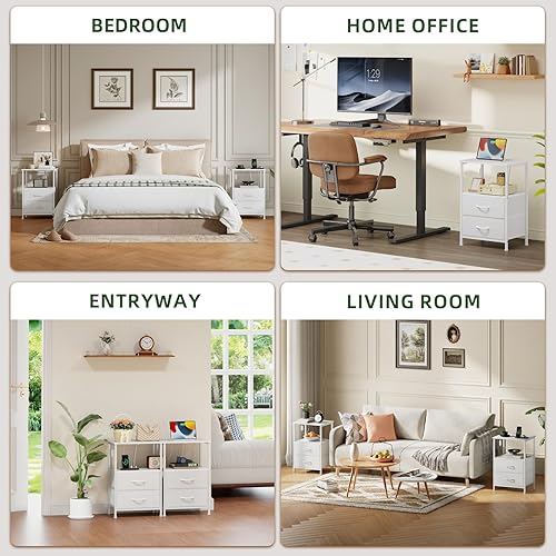 Miniatura 8 de Somdot Mesita de noche blanca con estación de carga y luz LED para dormitorio, cómoda de 2 cajones con contenedores de tela para mesita de noche,