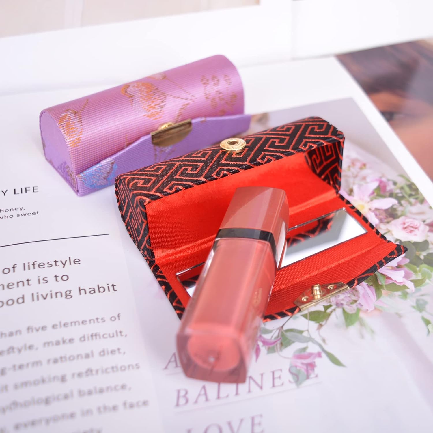 12 Pcs Lipstick Case with Mirror Floral Design Lipstick Holder Flower Printing Lip Stick Box (Pattern B) - Image 5